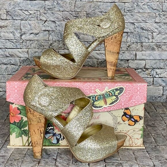 Kaya Gold Glitter Platform Heels Size 6 Style Blaire Open Toe - Picture 1 of 11